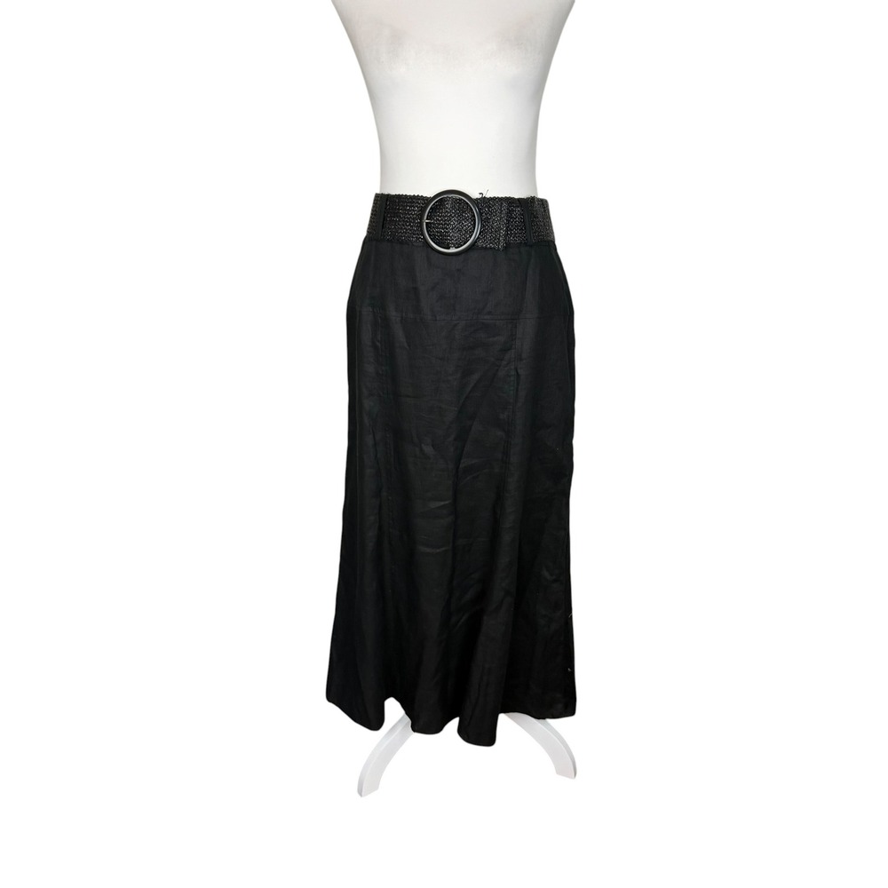Richard Malcolm Womens Black 100% Linen Maxi Skirt with Belt Size 6 A-Line Lined